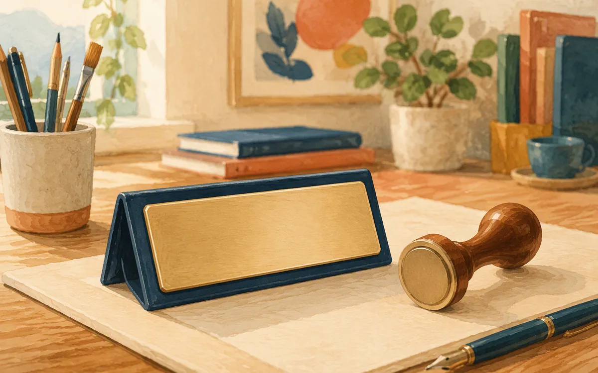 Rubber stamp beside a blank nameplate