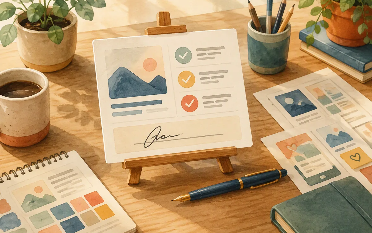 A small easel displaying a mockup card with a pen resting on a signature line