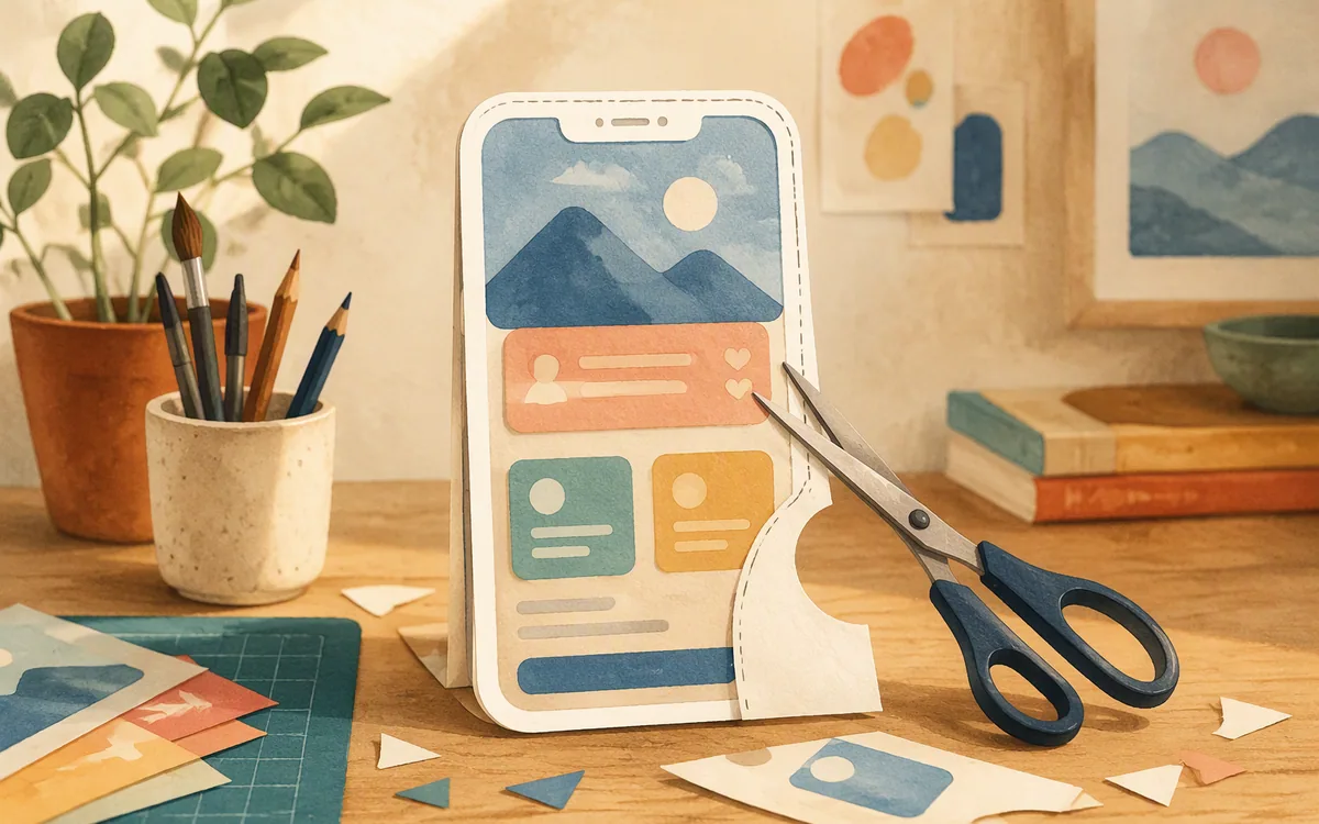 Half-cut paper phone screen with scissors resting beside it