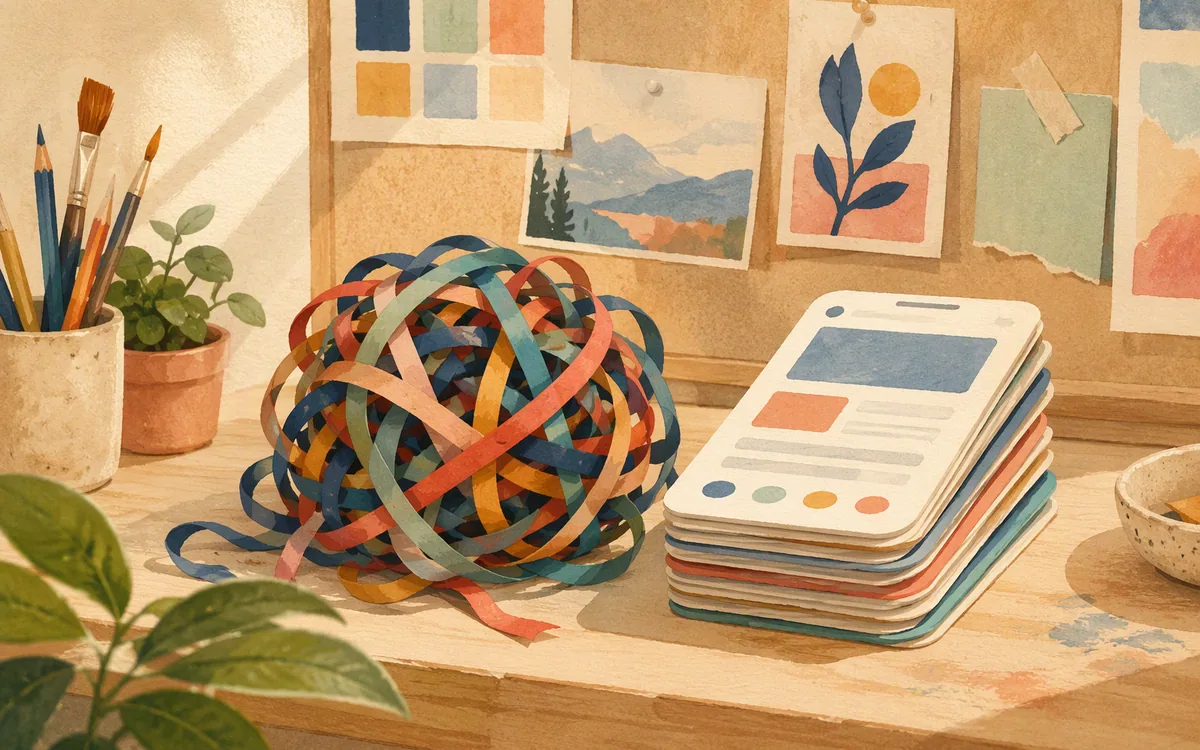 Tangled ribbon next to a neat stack of phone-shaped cards
