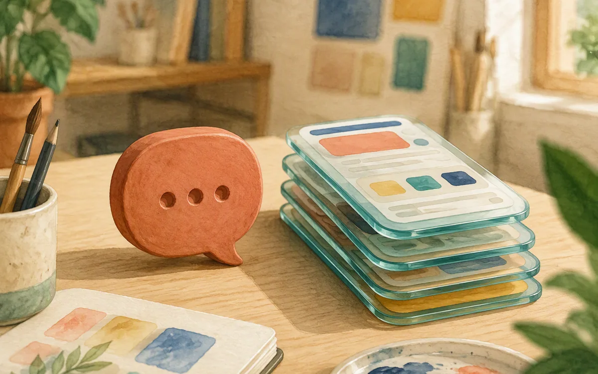 Clay chat bubble beside layered glass panes shaped like a phone