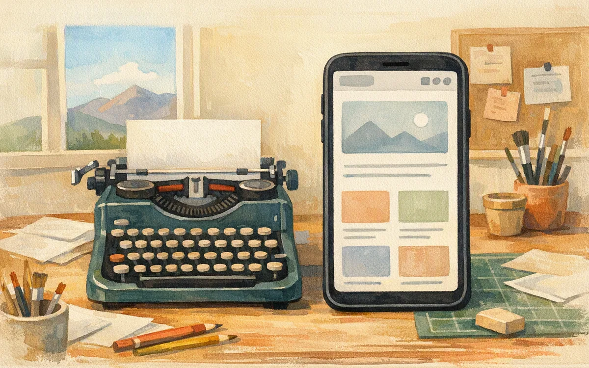 Typewriter beside an empty phone-shaped frame representing text without visuals