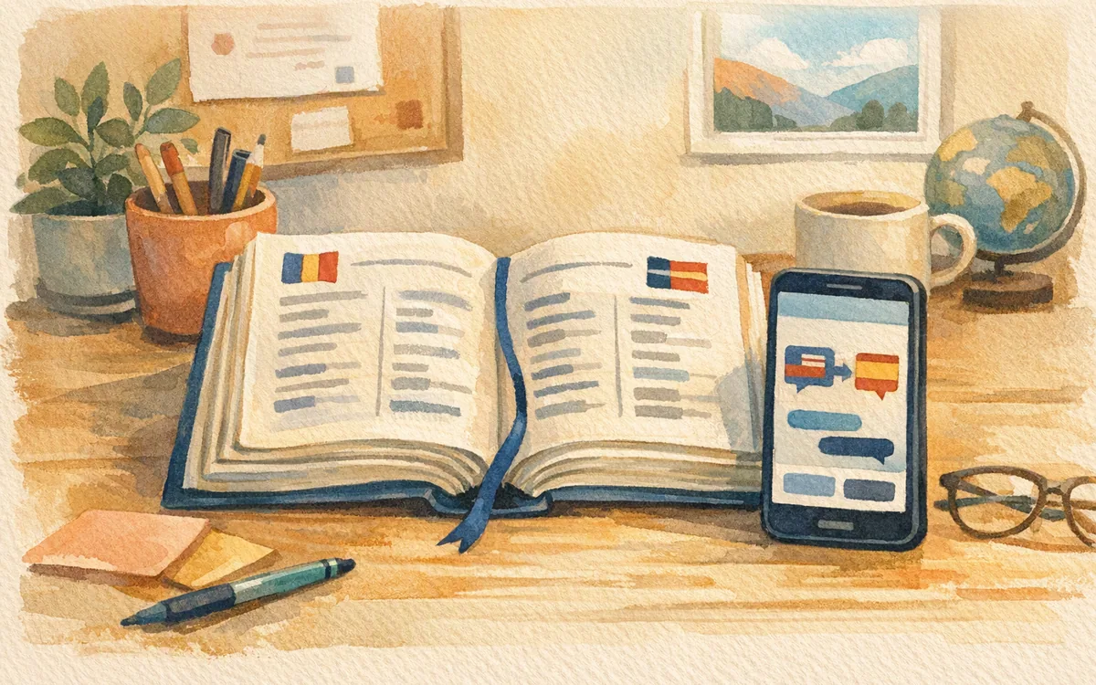 Open dictionary beside phone mockup symbolizing translating code into design