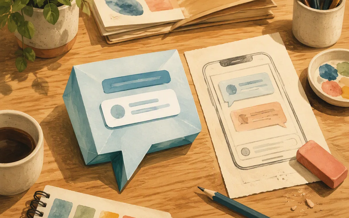 Folded paper chat bubble beside a rough phone sketch and an eraser