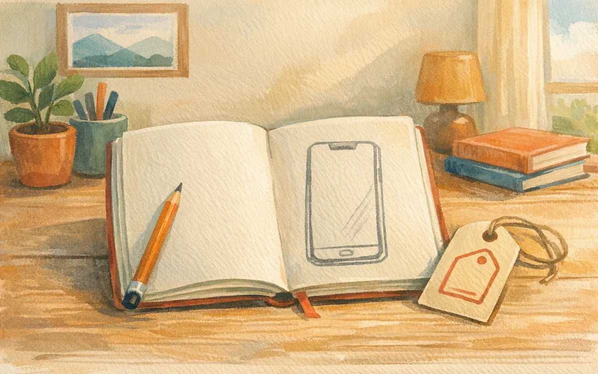 Notebook sketch of a phone outline with a price tag