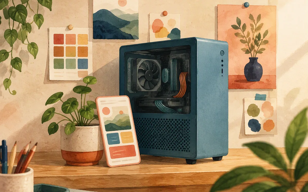 Desktop computer case beside a phone-shaped card