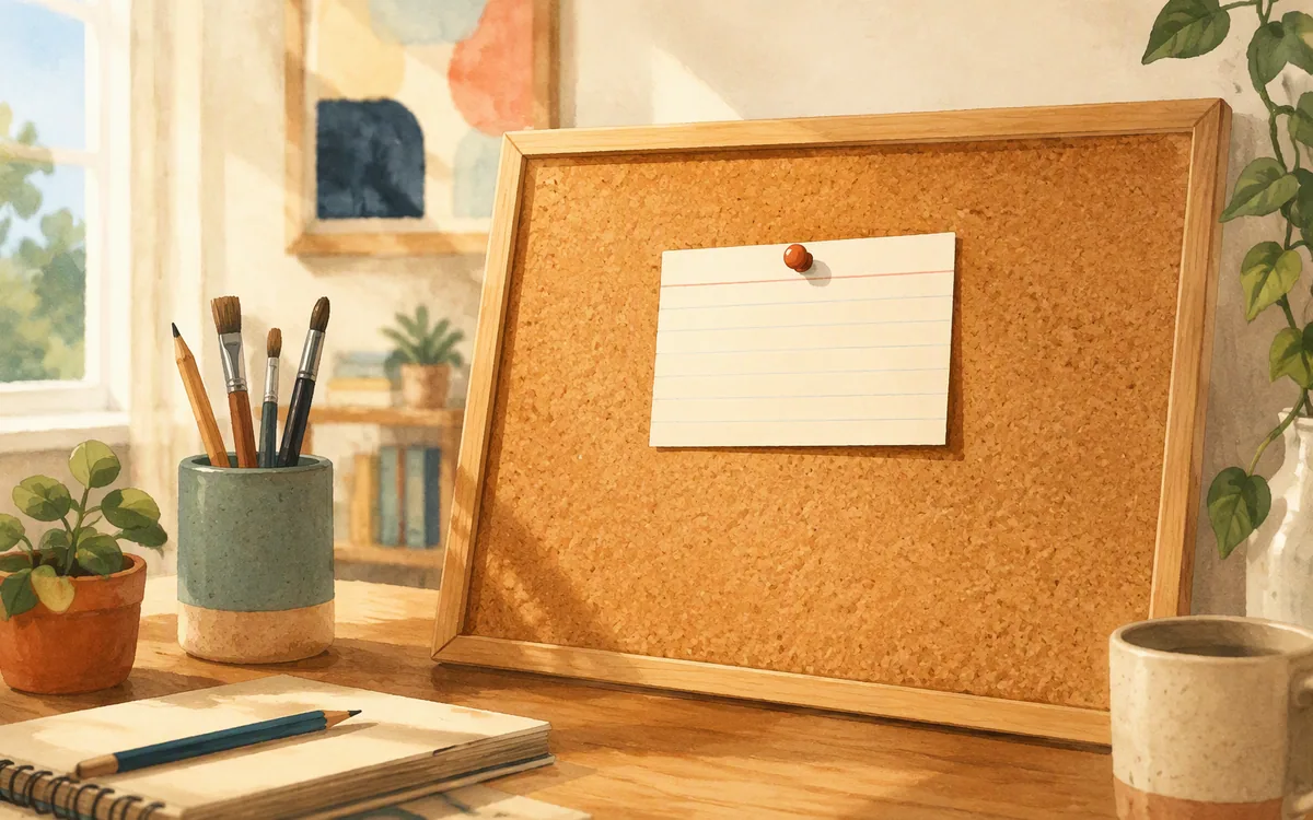 Corkboard with a single pinned index card