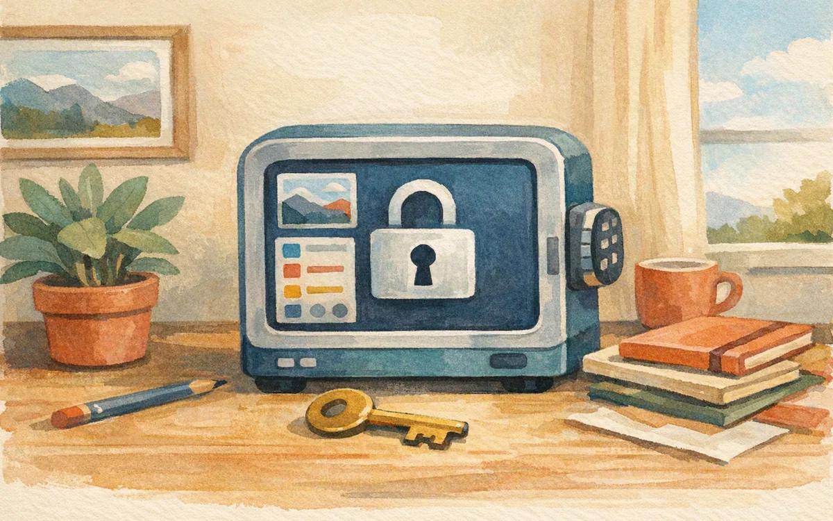 A key beside a small locked box shaped like a screen