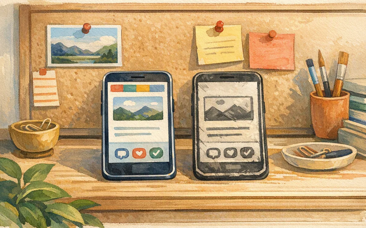 Two phone-shaped cards, one polished and one rough, on a table