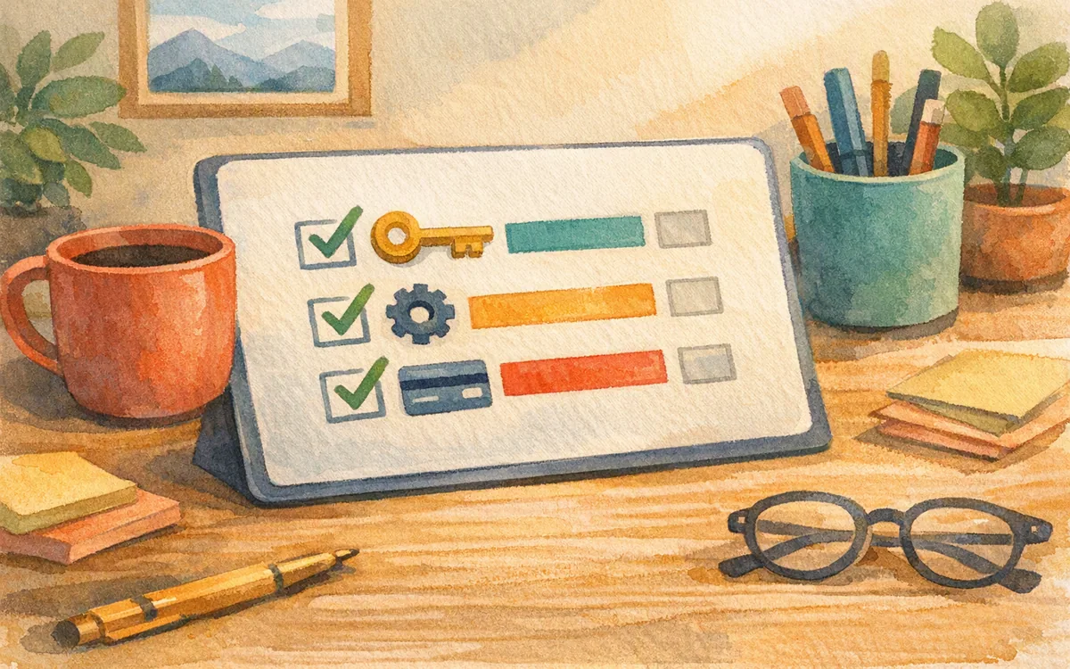 A row of small icons including a key, gear, and card on a desk