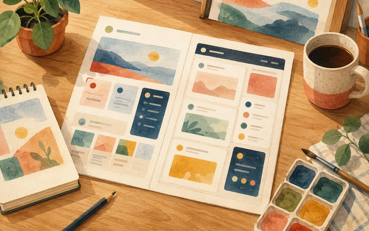 A pinboard with several phone-screen sketches pinned up, one circled in red as questionable