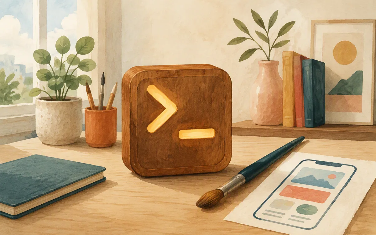 Wooden cursor shape beside a paintbrush and phone sketch