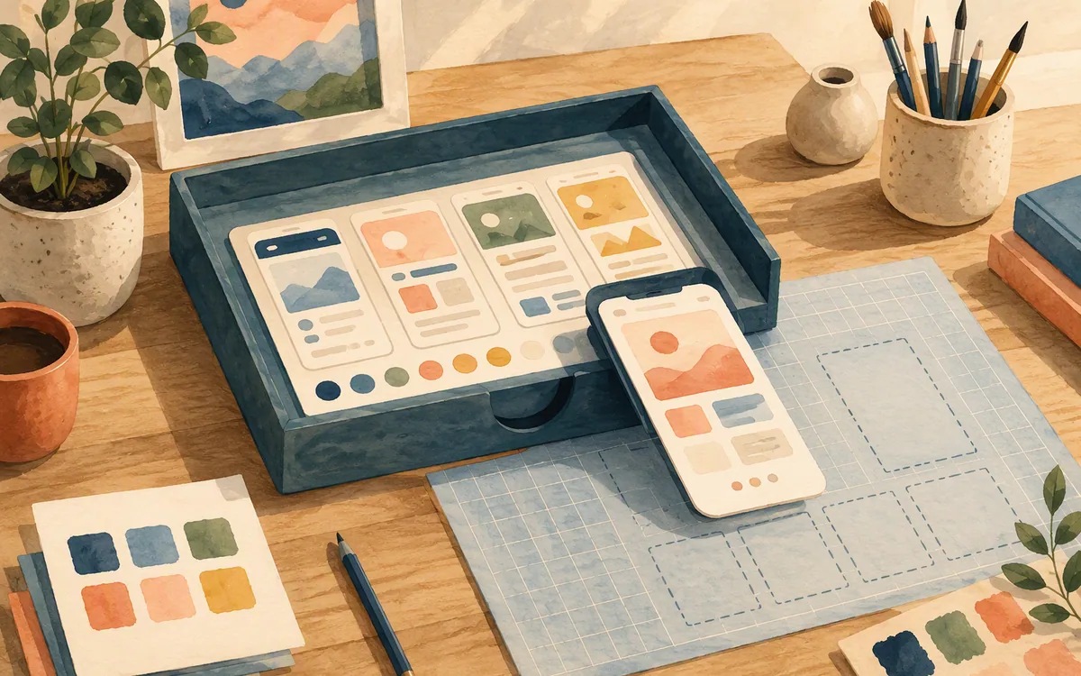 Screen mockup sliding from an export tray onto a design grid mat