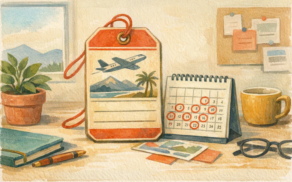 Suitcase tag and paper calendar with circled dates