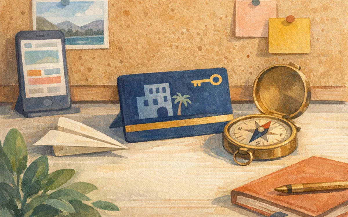 Hotel key card, paper airplane, and compass on a desk