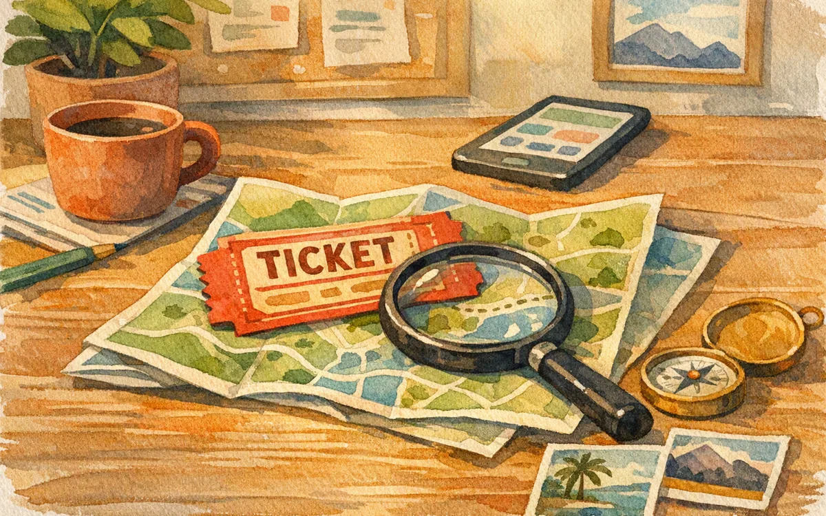 Ticket stub and magnifying glass over a folded map