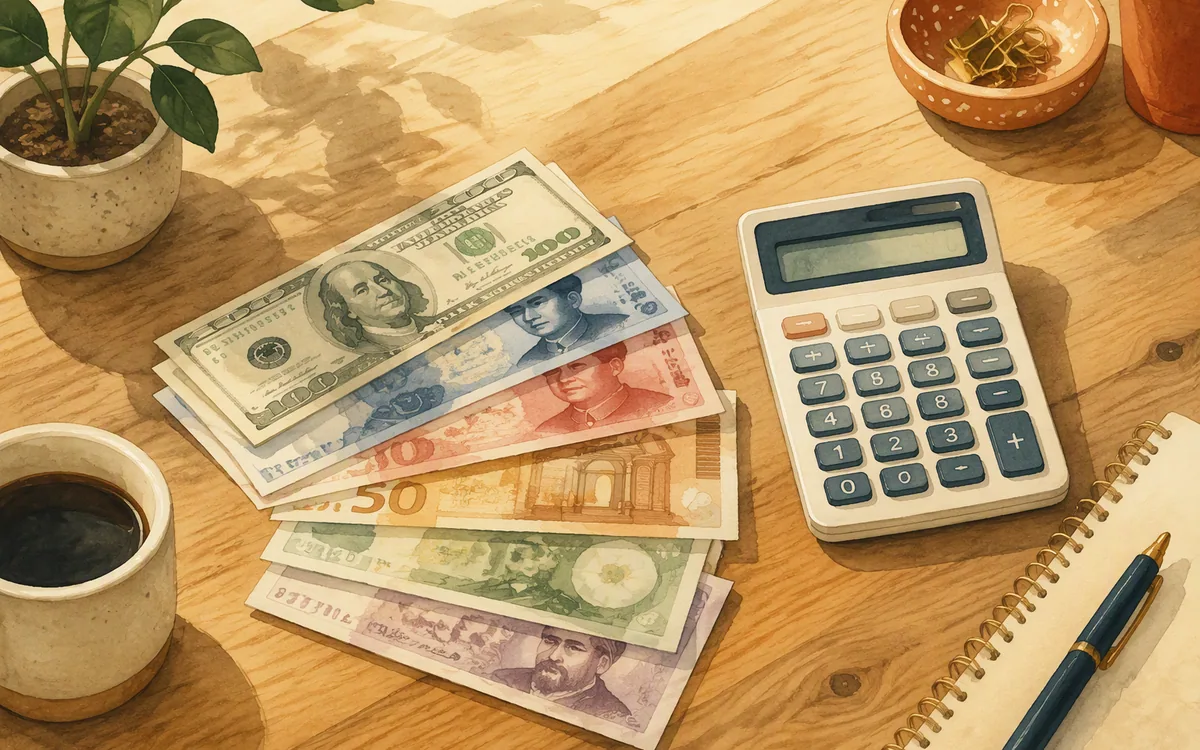 Foreign currency notes stacked beside a small calculator on a desk
