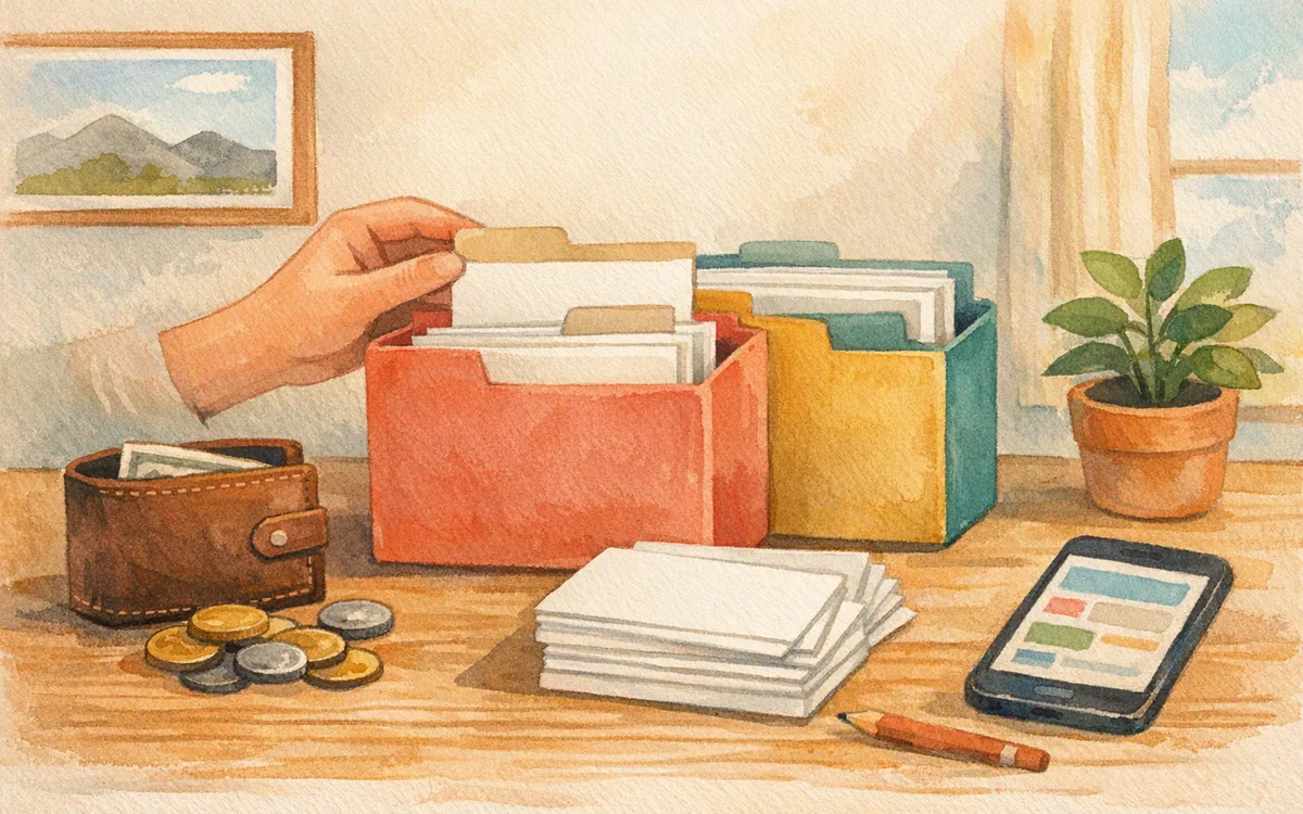 Wallet and coins beside index cards sorted into folders