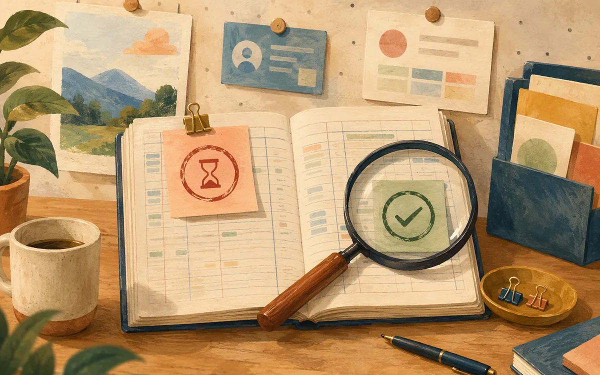 Magnifying glass over ledger with pending and approved sticky notes
