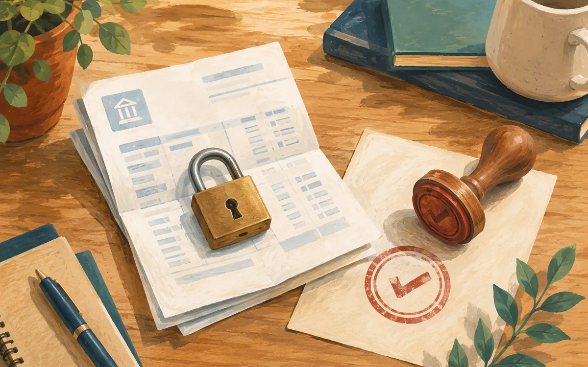 A padlock resting on a folded bank statement beside a stamped approval seal