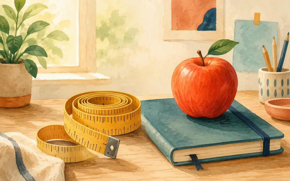 Measuring tape, notebook, and apple on a desk