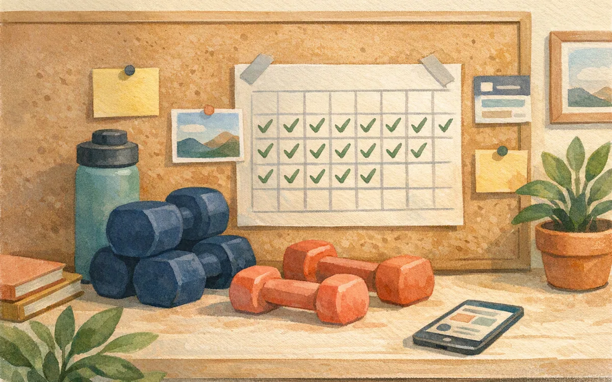 Dumbbells beside a calendar page with checkmarks