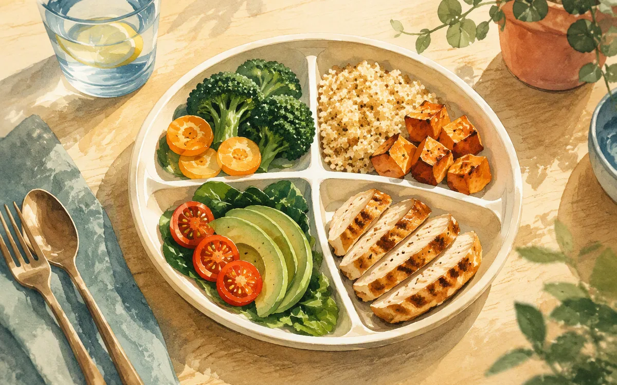 Plate divided into sections with different foods viewed from above