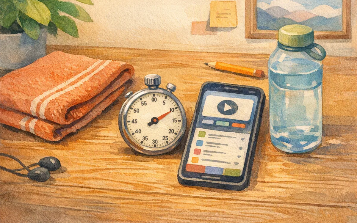 A stopwatch, folded towel, and water bottle arranged on a desk