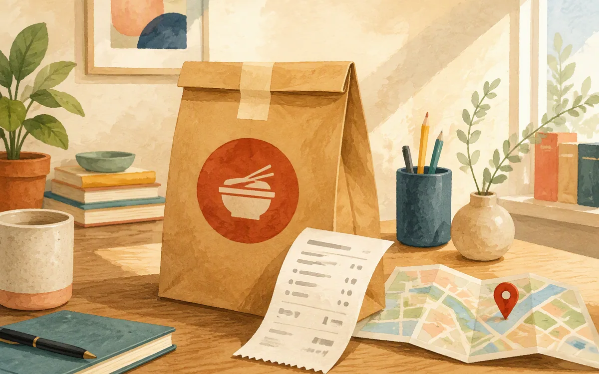 Takeout bag, receipt, and paper map with a pin on a desk
