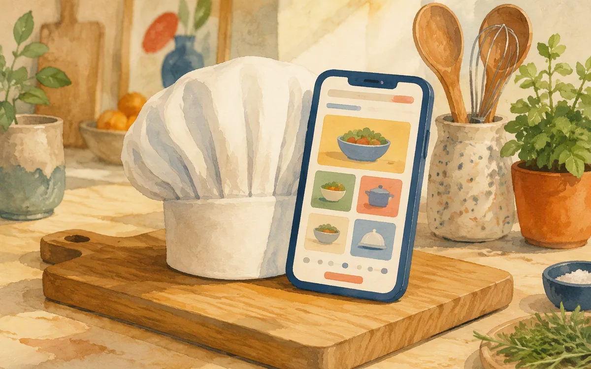 Chef's hat and phone-shaped cutout on a cutting board