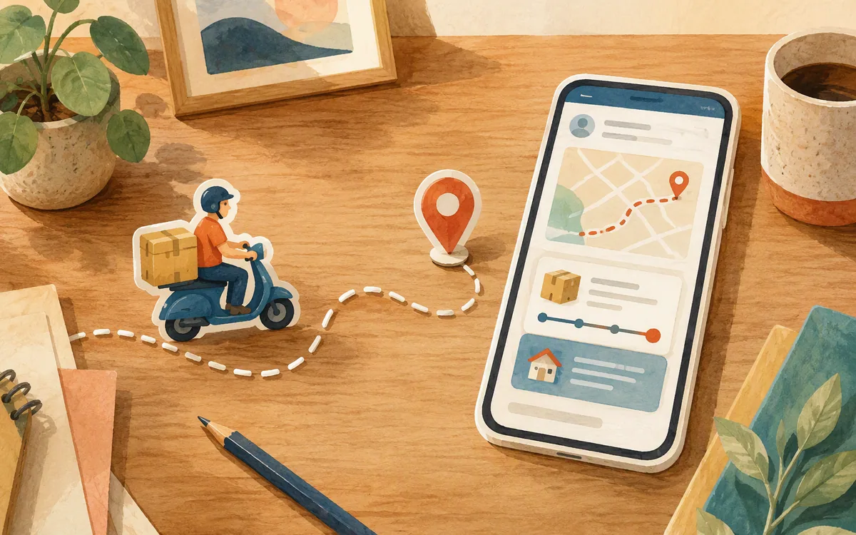 A paper delivery scooter following a dotted string path toward a phone-shaped cutout