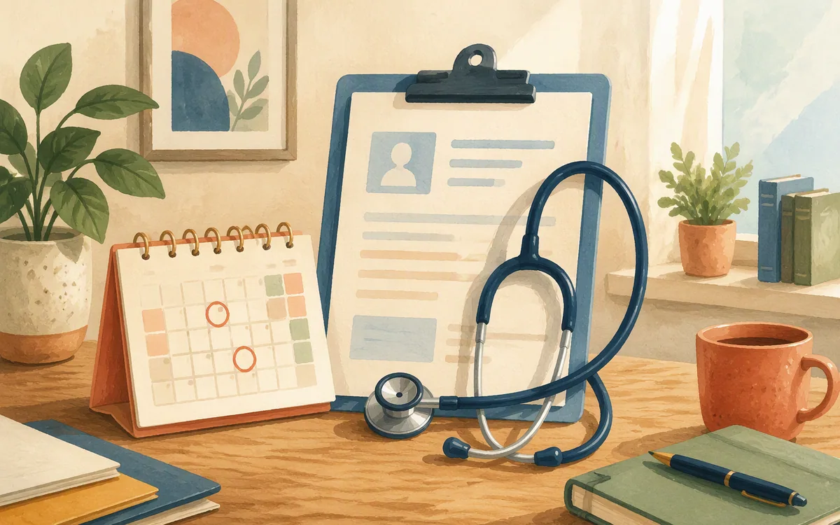 Stethoscope and calendar on a desk suggesting appointment scheduling