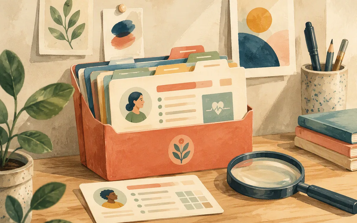Folder of record cards with a magnifying glass on a desk