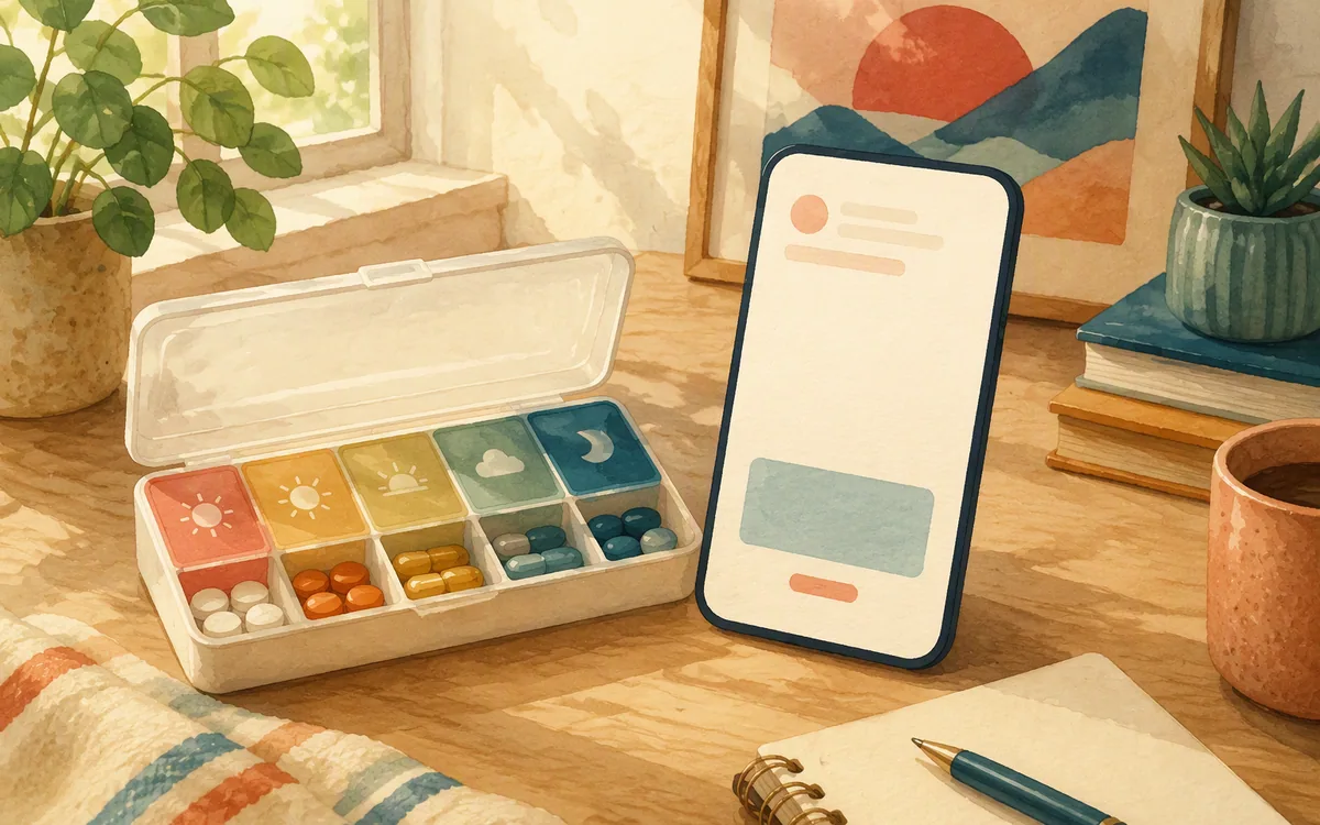 Pill organizer beside a blank phone-shaped card