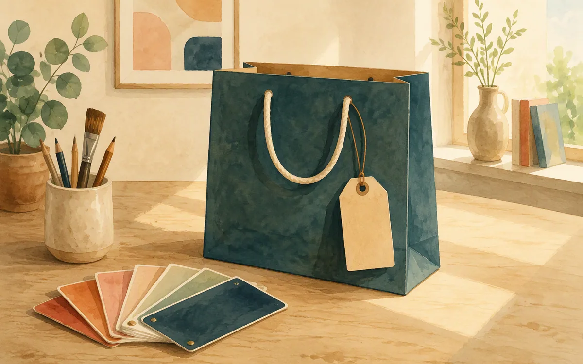 Shopping bag, price tag, and fabric swatches on a desk