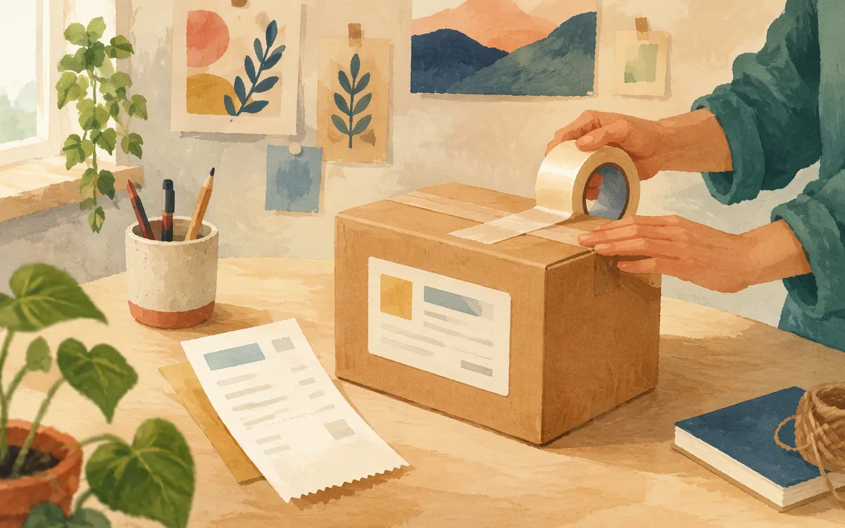 Shipping box with paper label and a receipt on a desk