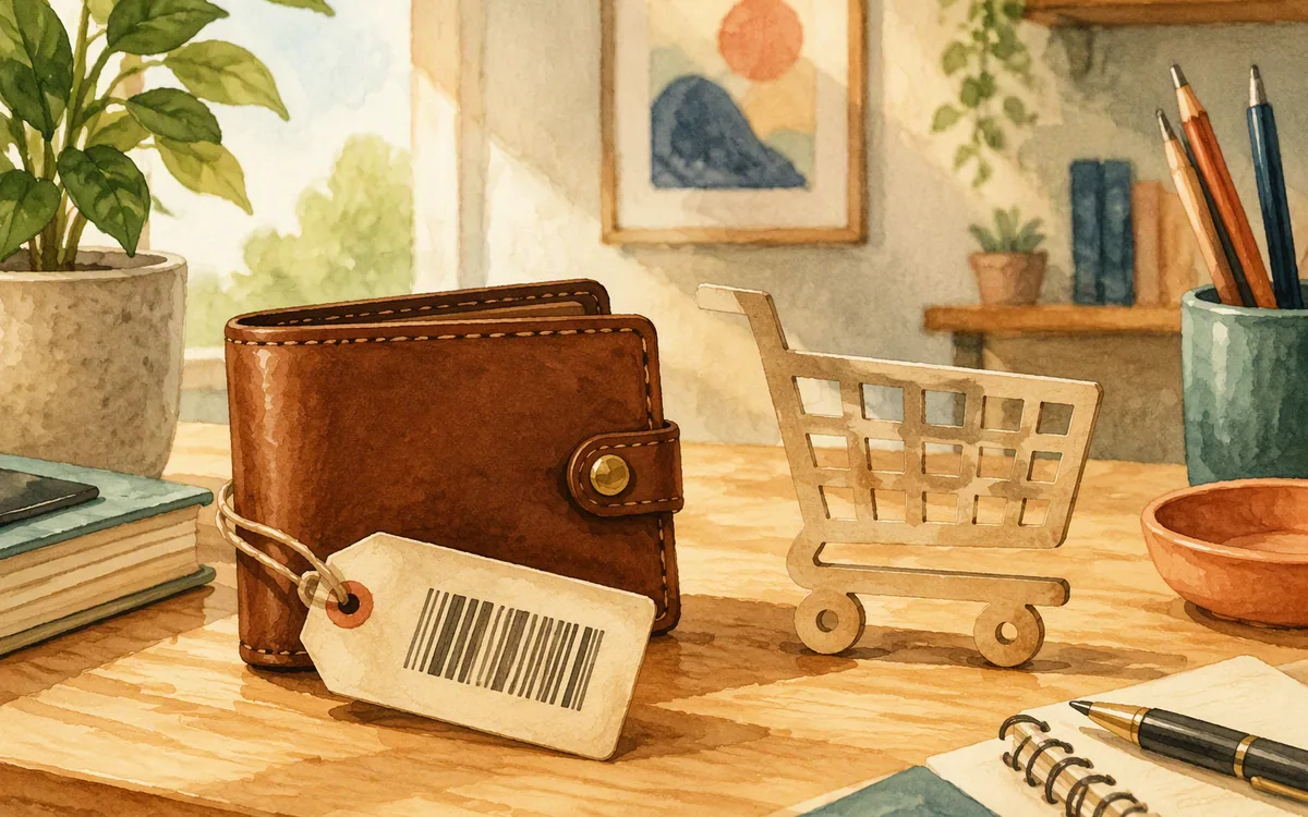 Wallet, barcode tag, and paper shopping cart cutout on desk