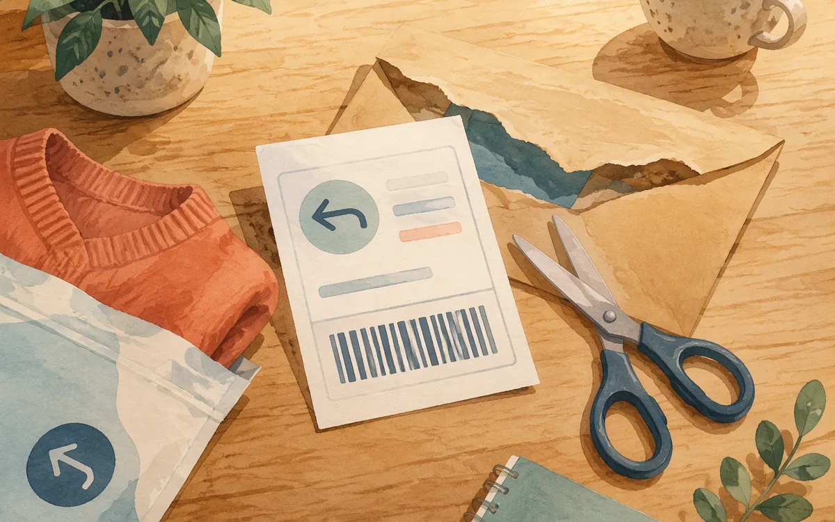 A returns label and scissors beside a torn envelope on a desk