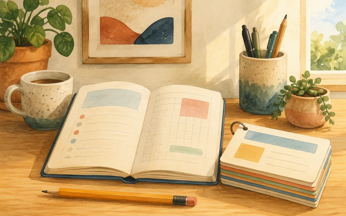 Open notebook, pencil, and flashcards on a desk