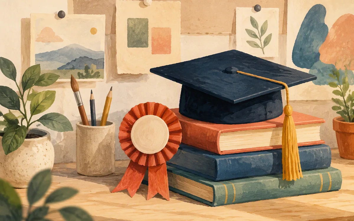 Graduation cap on books next to a ribbon badge