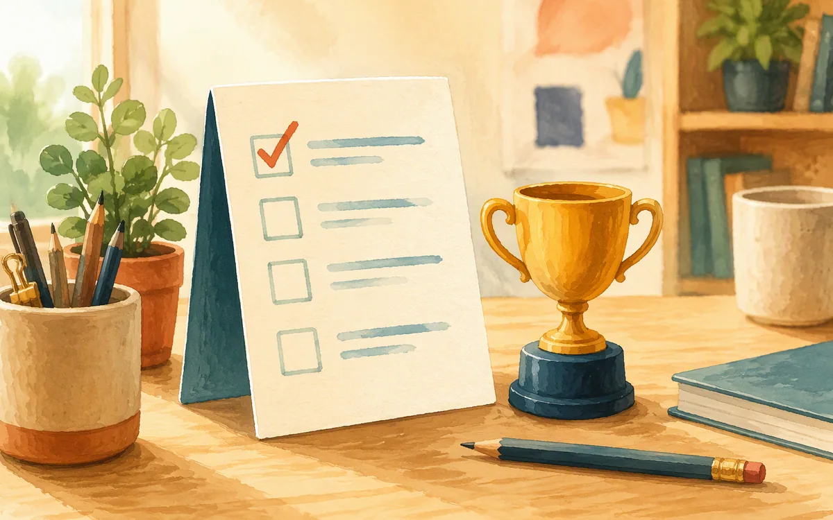 Checklist card with pencil checkmark next to a small trophy