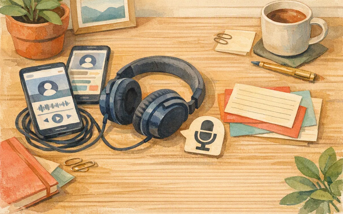 Headphones, a microphone cutout, and index cards on a desk