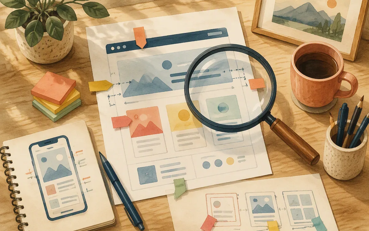 A magnifying glass over a mockup with small flagged sticky notes marking gaps and corners