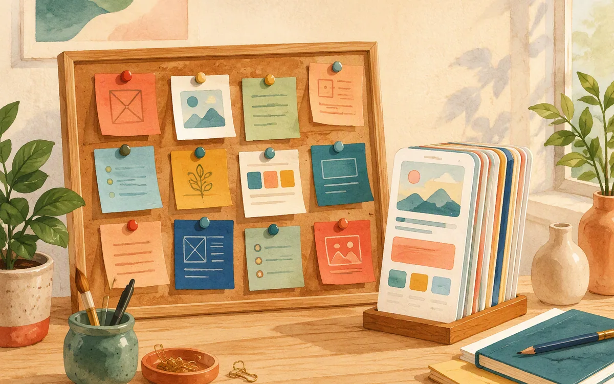 Sticky note board next to organized phone-shaped cards