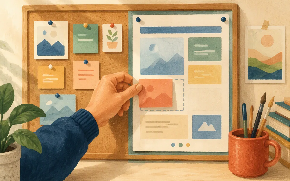 Hand moving a note from a corkboard to a structured grid