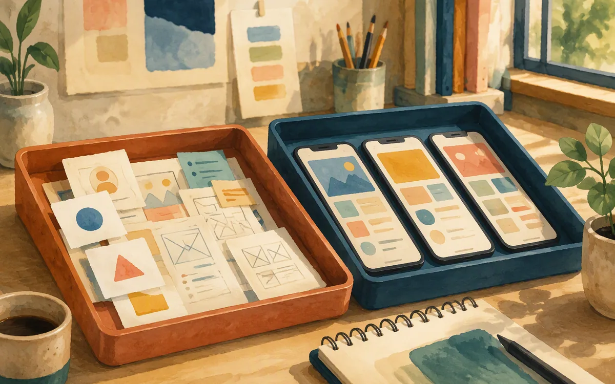 Two trays, one messy with notes and one organized with phone mockups
