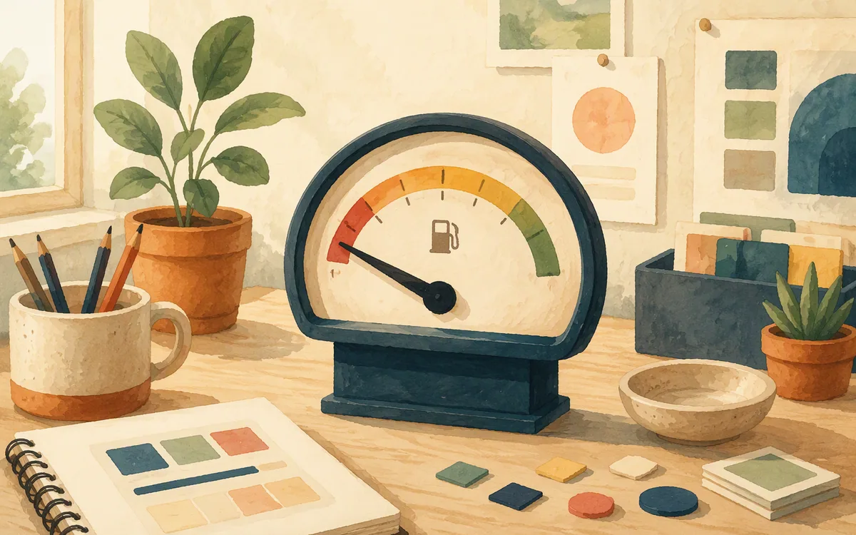 Illustration of a usage gauge near design tokens on a desk