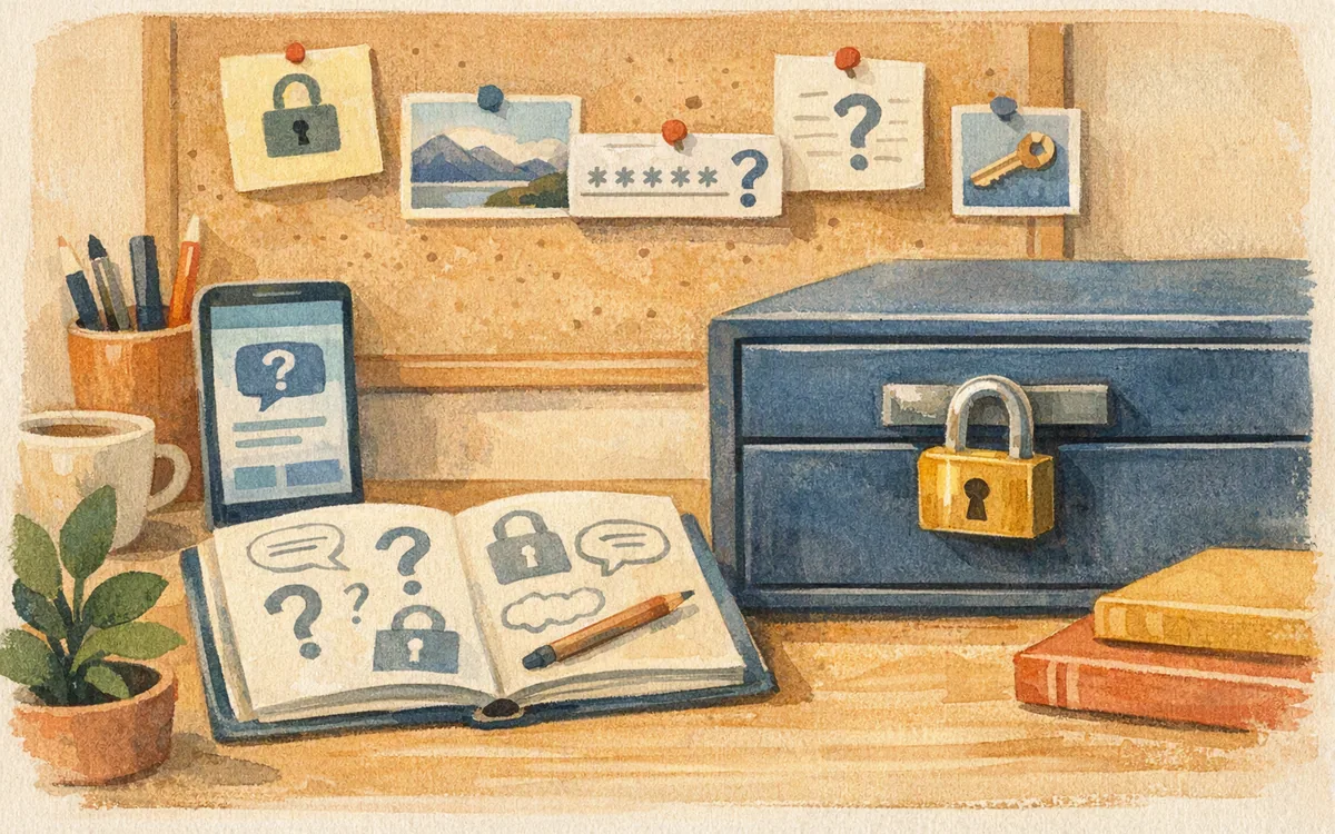 Illustration of a locked drawer next to an open sketchbook