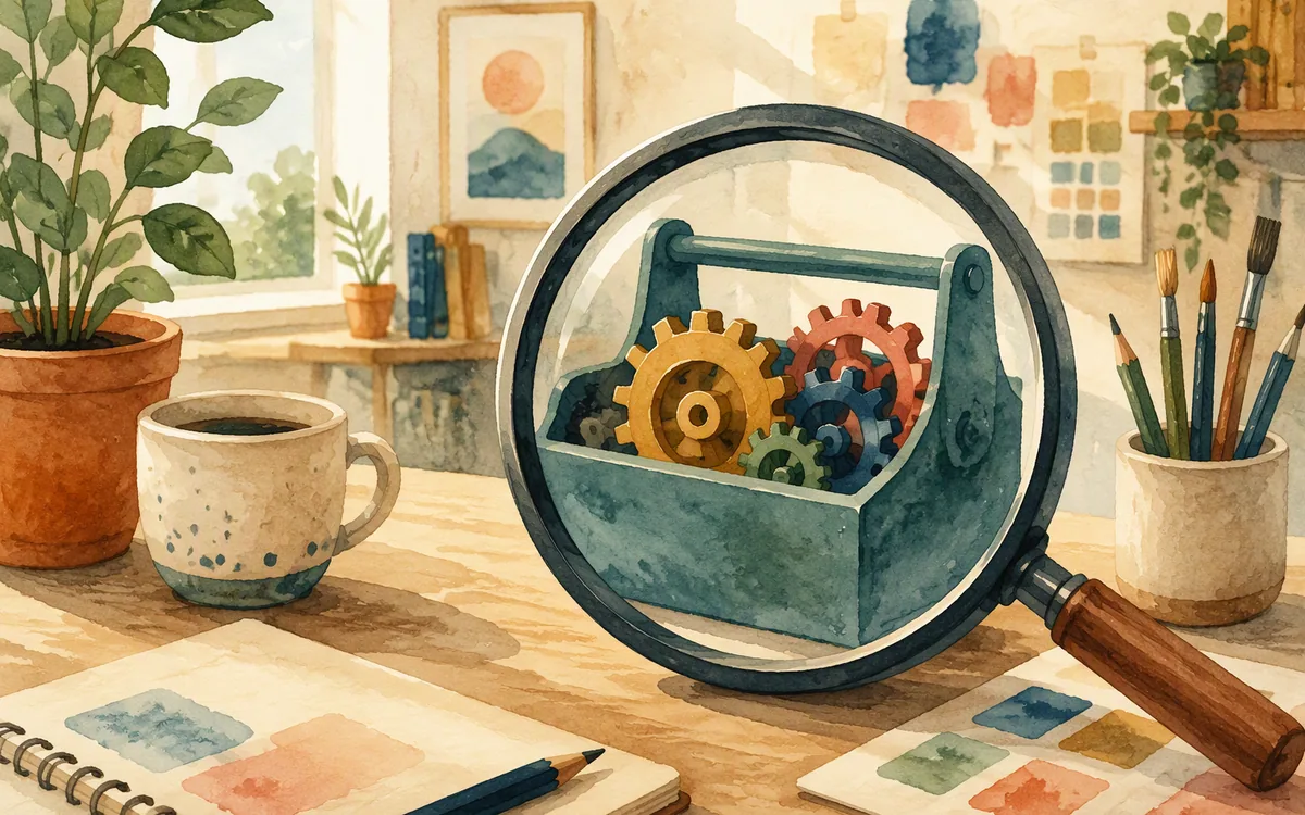 Illustration of a magnifying glass over a small toolbox