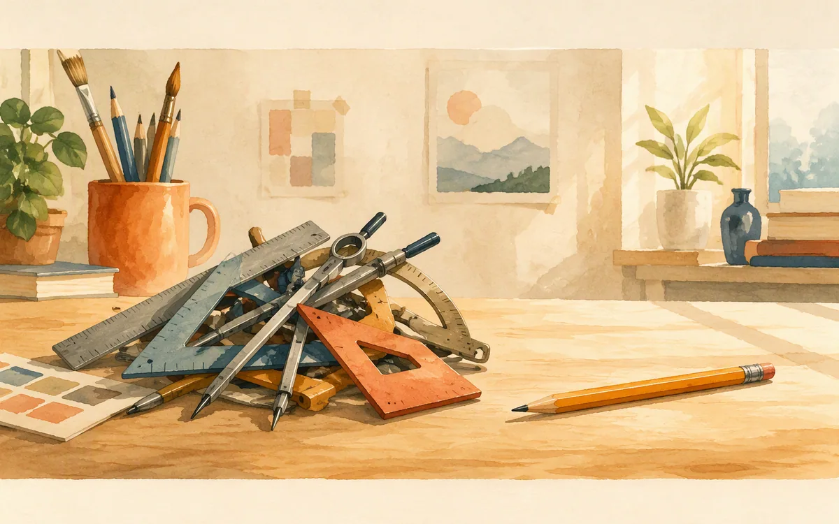 Tangled drafting tools beside a single calm pencil